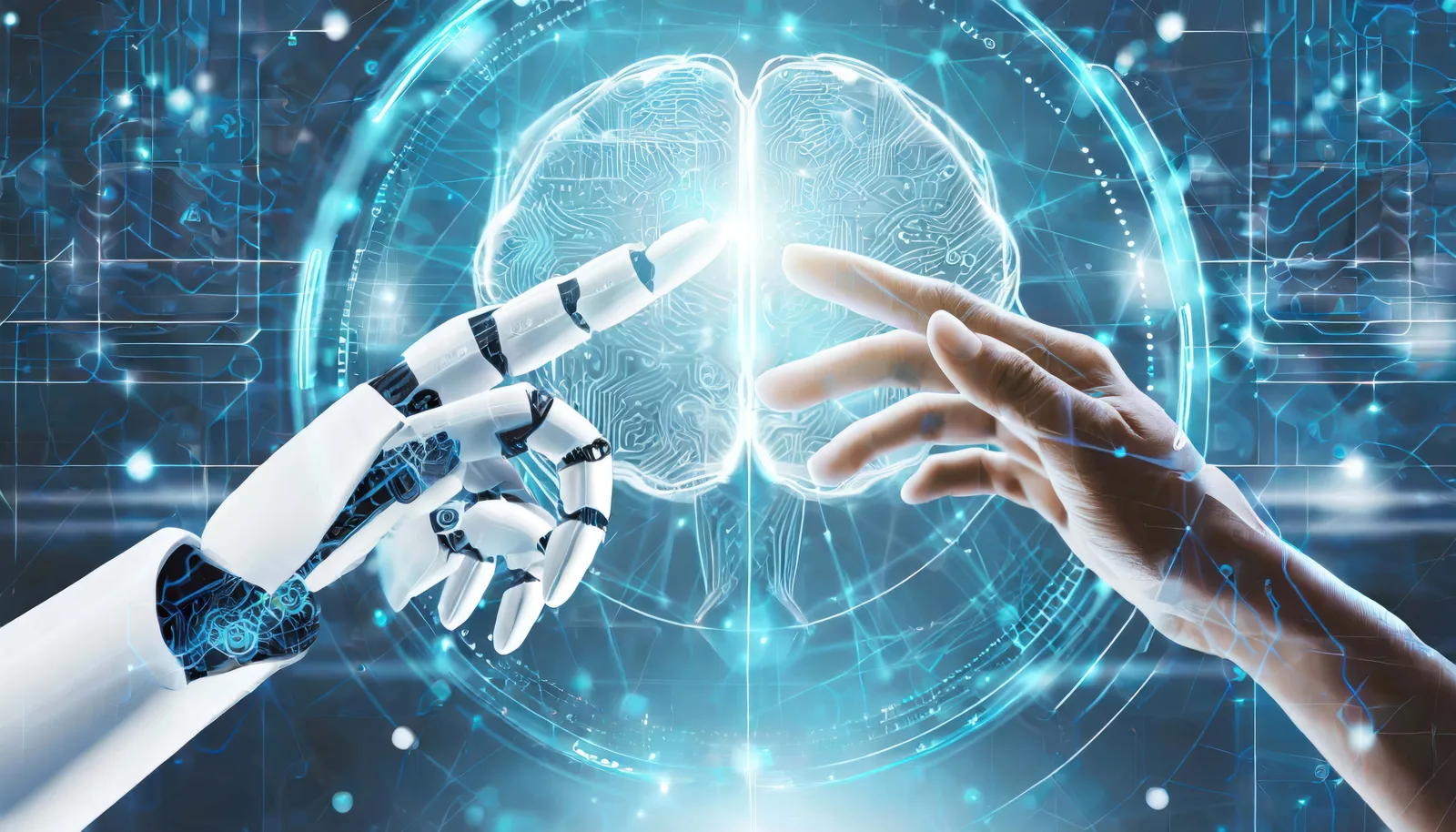 Roboterhand und menschliche Hand berühren sich vor leuchtendem Gehirn