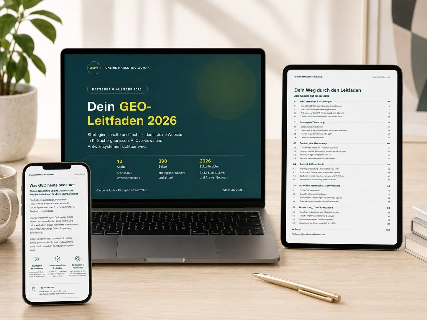GEO-Leitfaden auf Laptop, Tablet und Smartphone mit Inhaltsverzeichnis