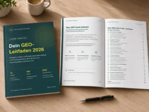 GEO-Leitfaden Mockup mit offenem Buch auf Holztisch, Kaffee und Stift