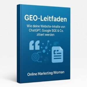 GEO-Leitfaden Cover mit blauem Design, Anführungszeichen und Dokument-Icons