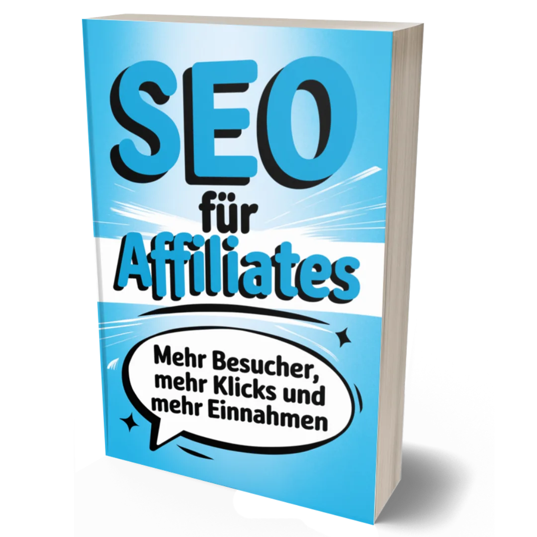 3D Mockup des eBook SEO für Affiliates mit blauem Cover und Sprechblase zum Thema Besucher und Klicks