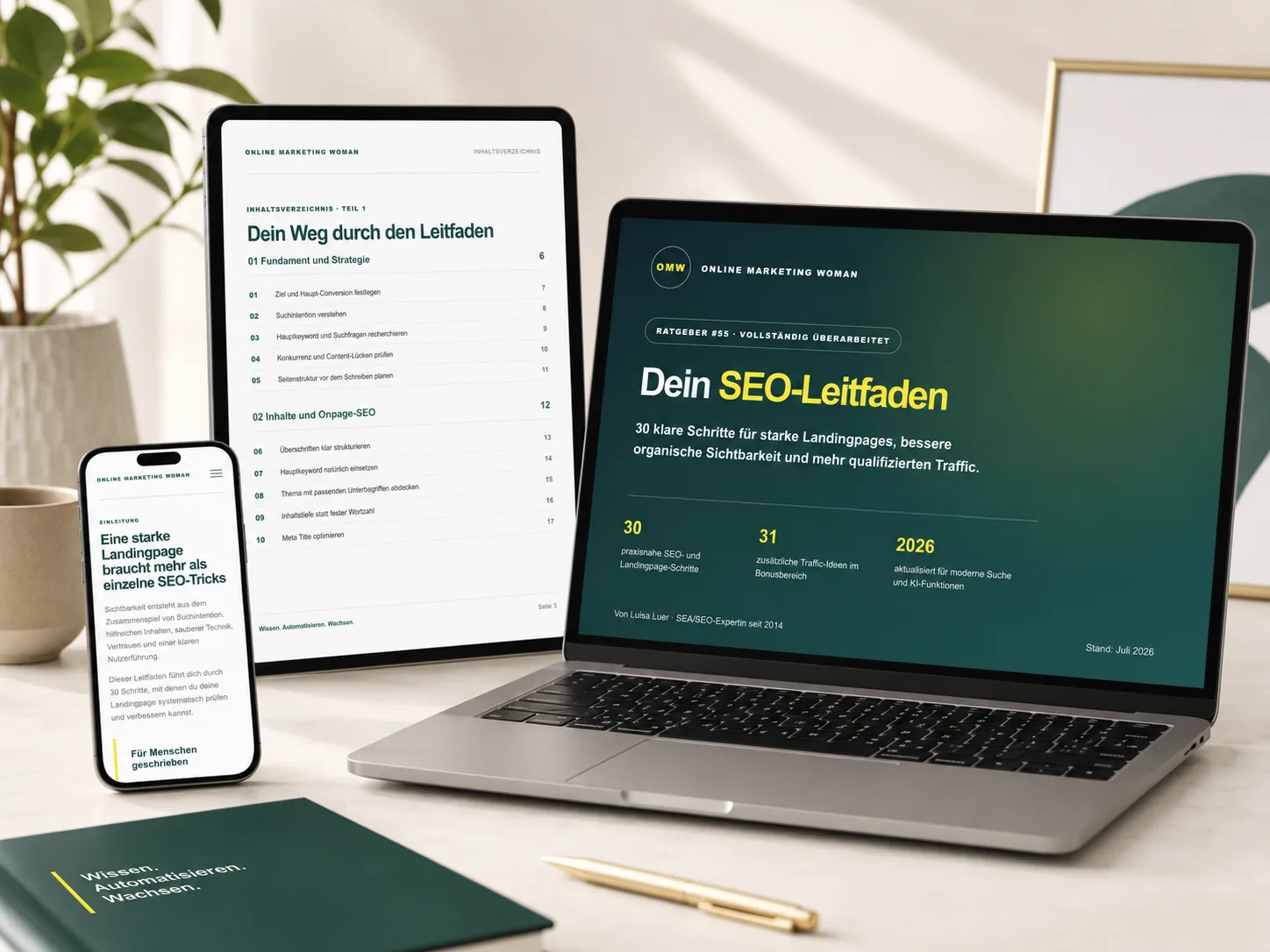 SEO-Leitfaden 2026 auf Laptop, Tablet und Smartphone mit Cover und Inhaltsverzeichnis