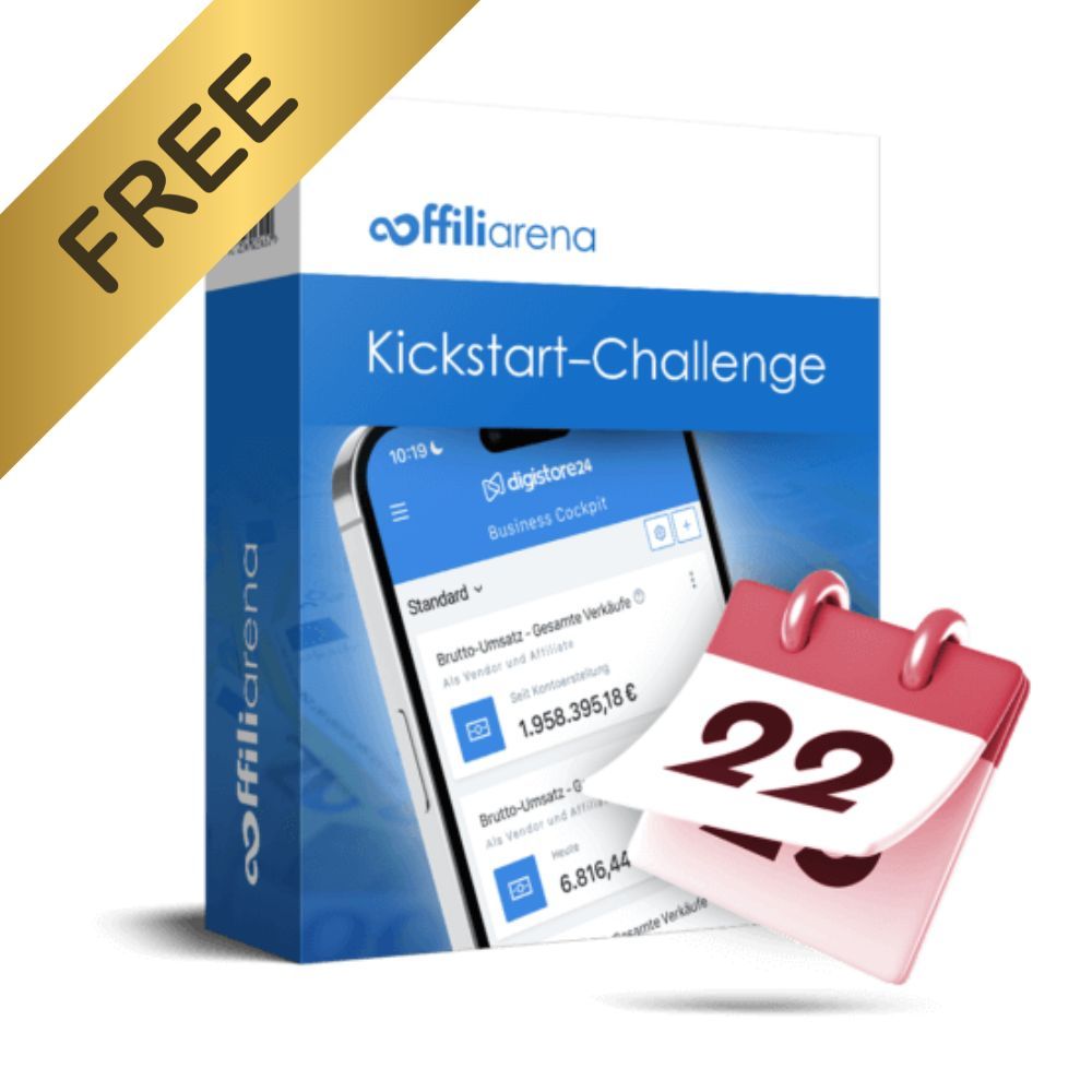 Affiliarena Kickstart-Challenge Produktbox mit Kalender und Smartphone-Screenshot