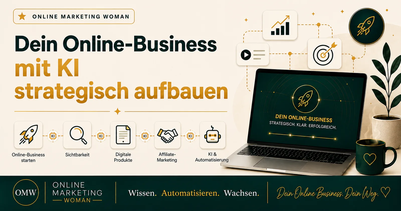 Laptop zeigt Online-Business Lernweg mit Icons für Start, Sichtbarkeit, digitale Produkte, Affiliate-Marketing und KI