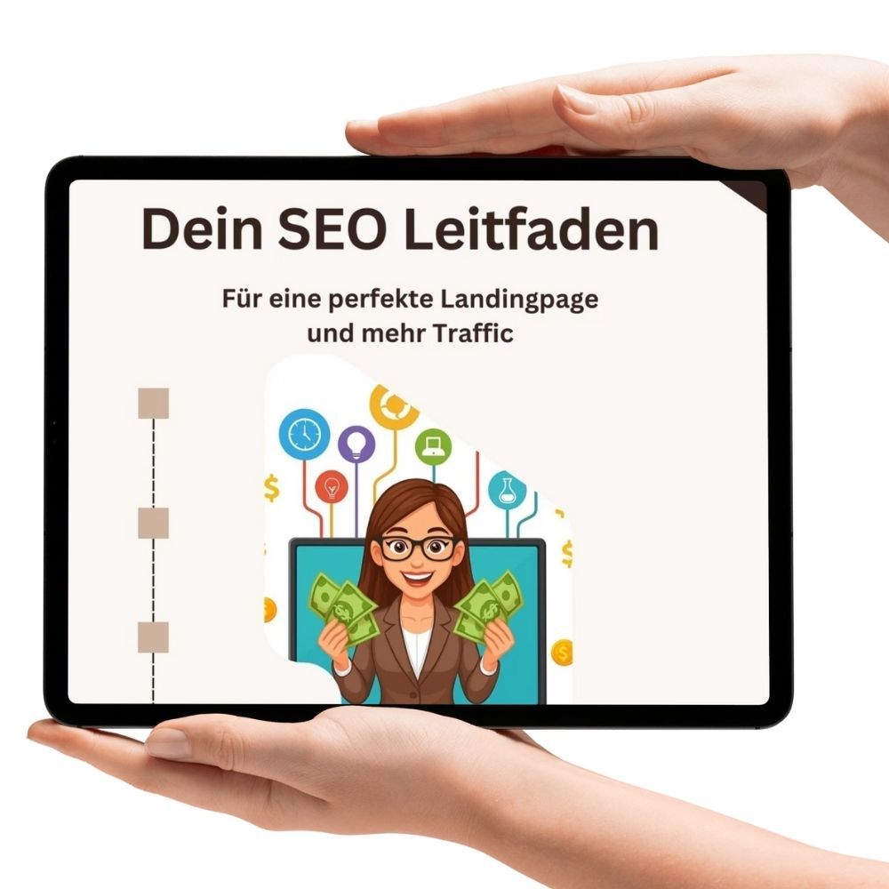 Tablet zeigt Cartoon-Frau mit Geldscheinen und Marketing-Icons für SEO-Leitfaden