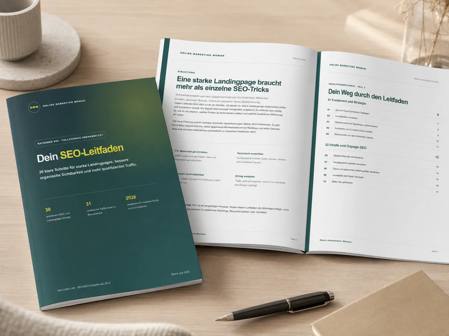 SEO-Leitfaden geöffnet mit Inhaltsverzeichnis und Beispielseiten zum Thema Landingpage-Optimierung