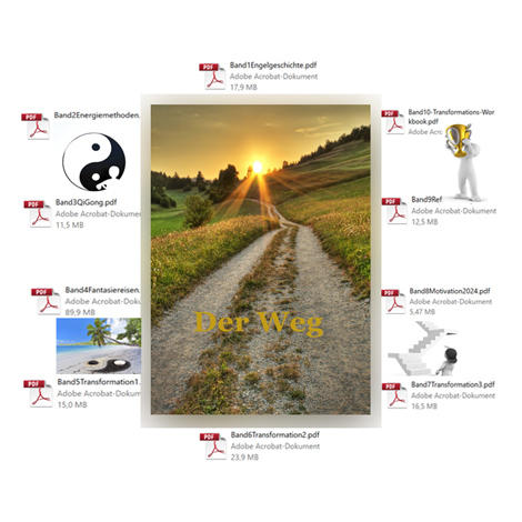 Hero-Image mit Feldweg bei Sonnenaufgang und Yin-Yang-Symbol sowie PDF-Dateien zum Produkt Der Weg