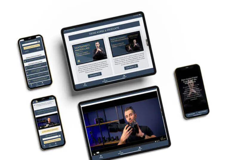 Mockup der Kursplattform auf mehreren Geräten mit Videos und Modulen