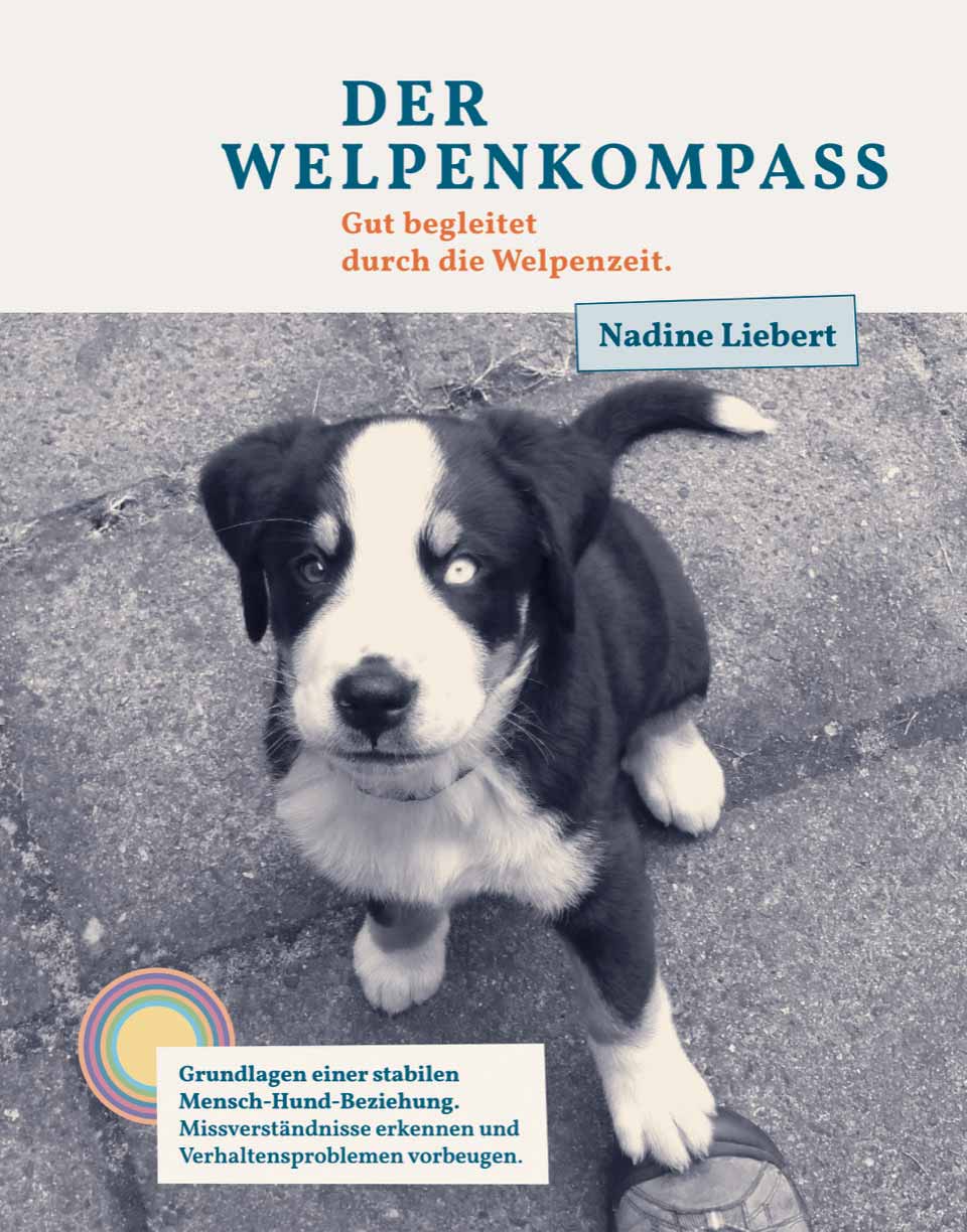 Der Welpenkompass – Praxisbuch zur Welpenzeit von Nadine Liebert 1 Buchcover Der Welpenkompass von Nadine Liebert mit schwarzweißem Welpen