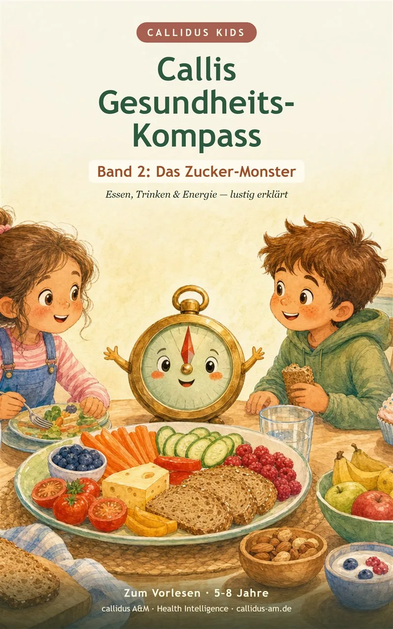 Callis Gesundheits-Kompass Band 2 Cover: Zwei Kinder mit Teller gesunder Lebensmittel und rosa Zucker-Monster