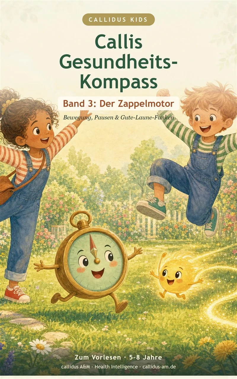 Callis Gesundheits-Kompass Band 3 Cover: Zwei Kinder springend mit Kompass und leuchtender Energie-Figur