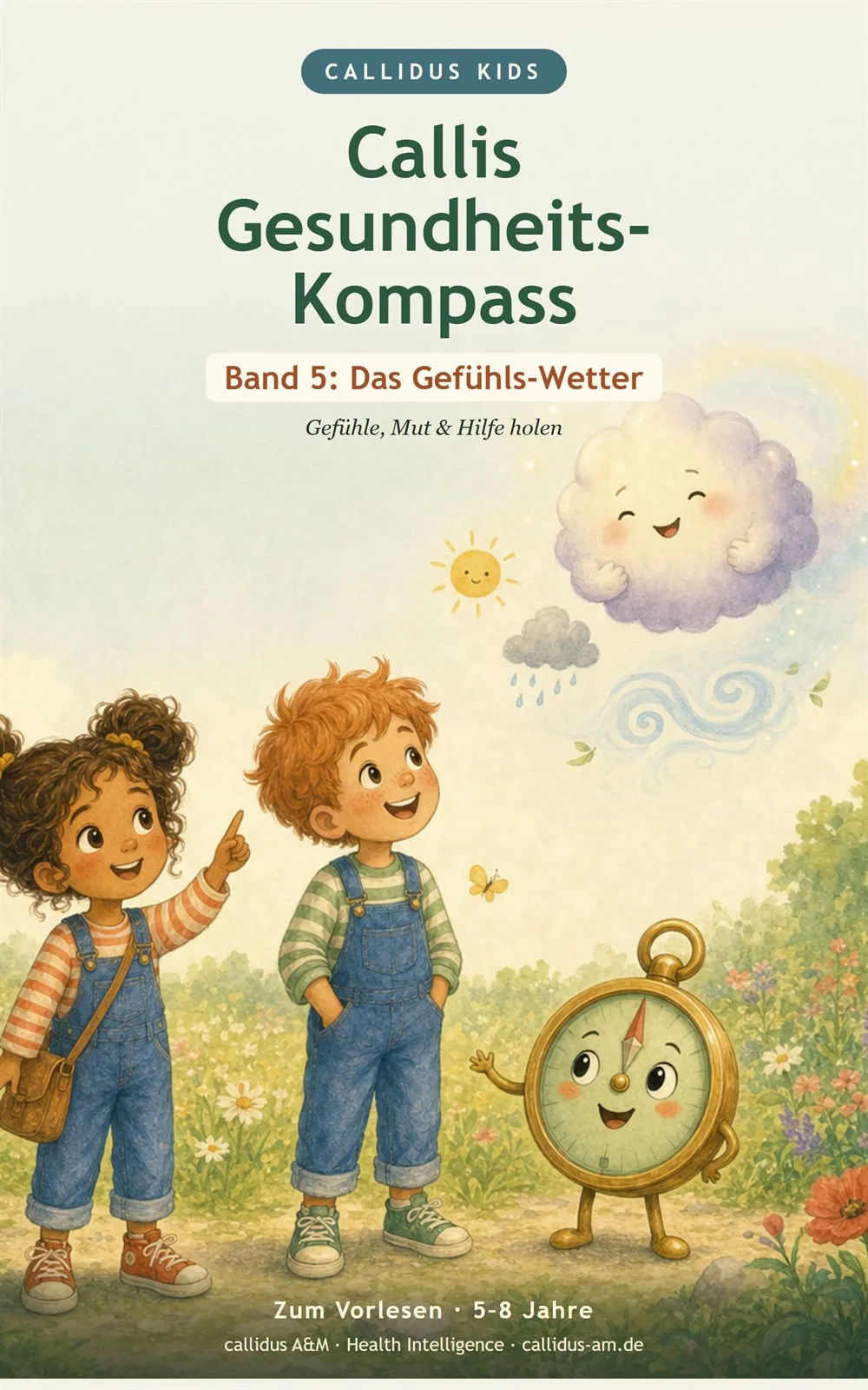 Callis Gesundheits-Kompass Band 5 Cover: Zwei Kinder mit Wolken-Charaktere und Wetter-Symbolen für Gefühle