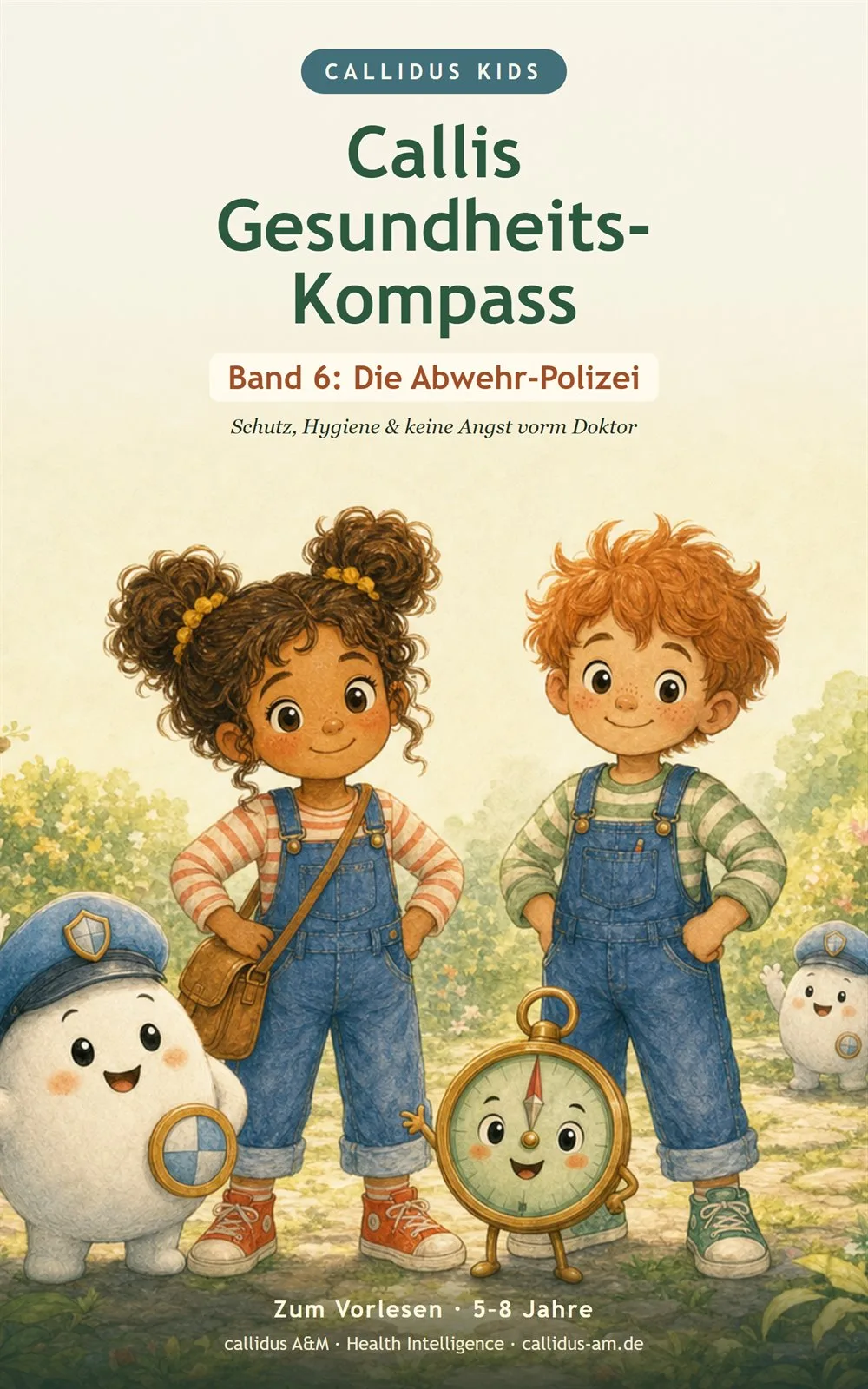 Callis Gesundheits-Kompass Band 6 Cover: Zwei Kinder mit Polizist-Uhr und Schutzfiguren im Garten