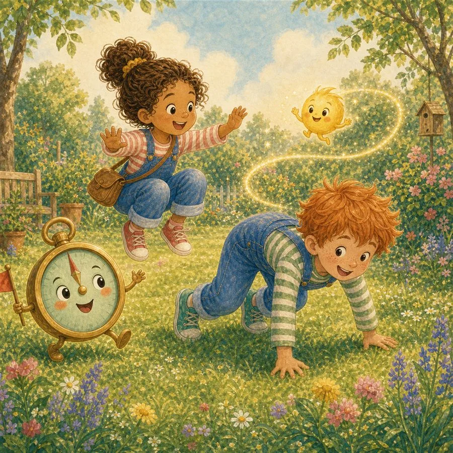 Illustration: Zwei Kinder spielen mit Uhr-Charakter und Tier-Olympiade im Garten
