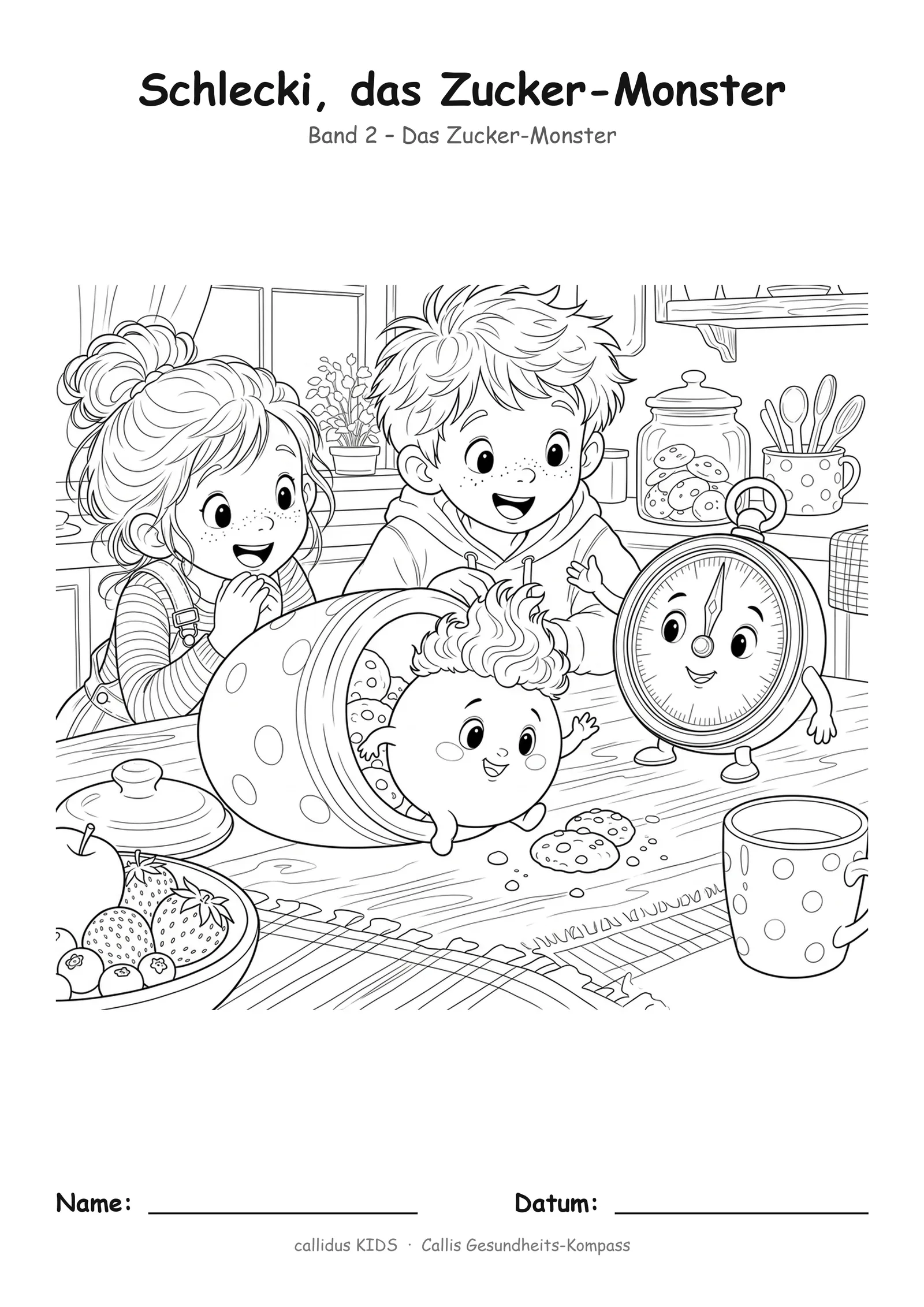 Ausmalbild Schlecki das Zucker-Monster Band 2 mit Kindern und Uhr
