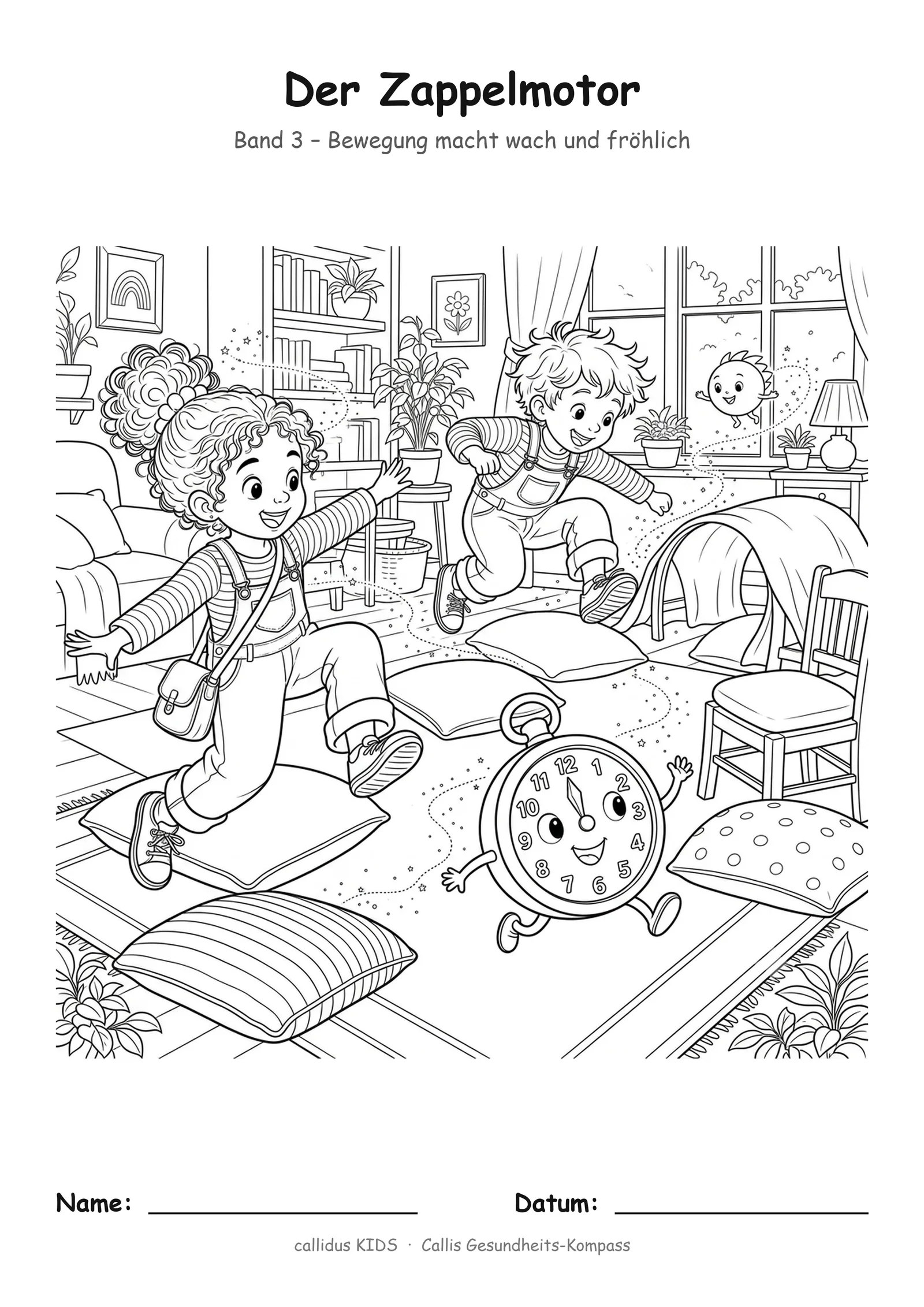 Ausmalbild Der Zappelmotor Band 3 mit zwei tanzenden Kindern im Wohnzimmer