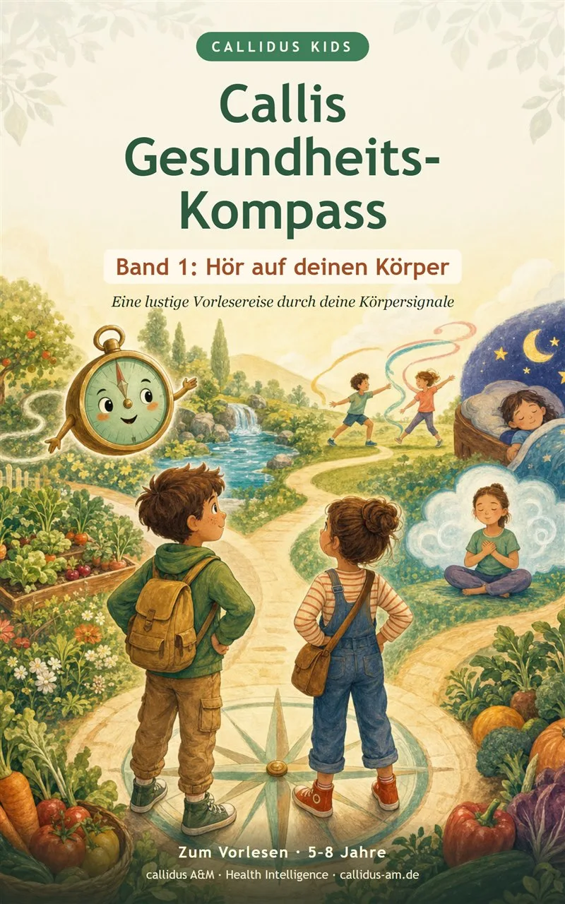 Callis Gesundheits-Kompass Band 1 Cover: Zwei Kinder in Naturlandschaft mit Kompass und körperaktiven Szenen