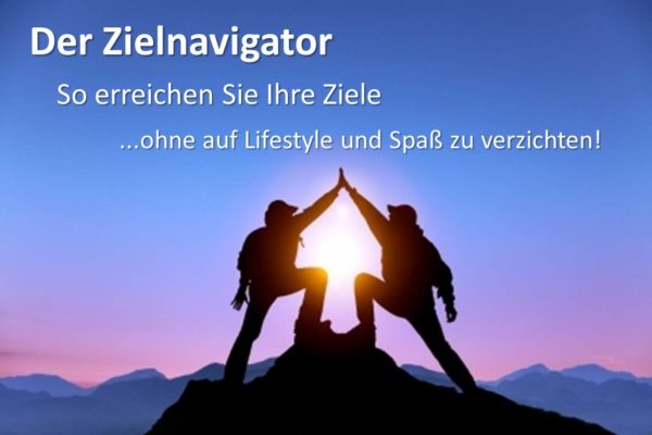 Webinar-Banner Der Zielnavigator mit Silhouetten und Pfeil-Symbol bei Sonnenaufgang