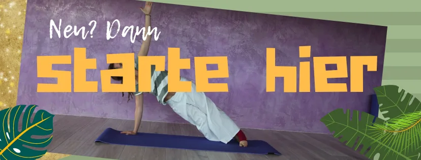 Header-Banner mit Yoga-Position und Text Starte hier auf lila Hintergrund