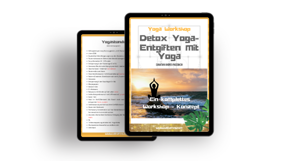 E-Book-Mockup Detox Yoga Entgiften mit Yoga auf Tablet und Smartphone angezeigt