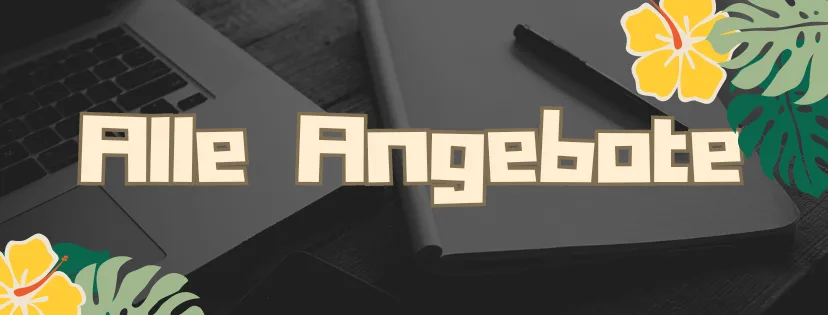 Header-Banner mit Laptop und Blumen, Text Alle Angebote auf dunkelgrauem Hintergrund