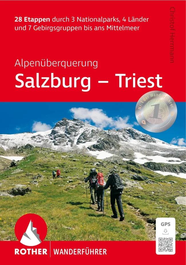Wanderführer-Cover Alpenüberquerung Salzburg Triest mit rotem Design und Bergfoto