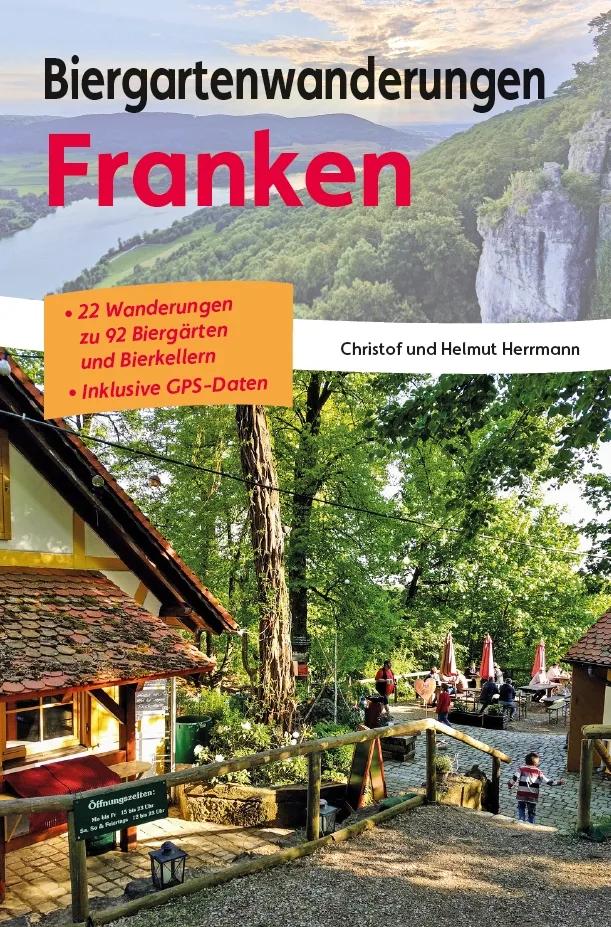 Wanderführer-Cover Biergartenwanderungen Franken mit Landschaftsfoto und Biergarten
