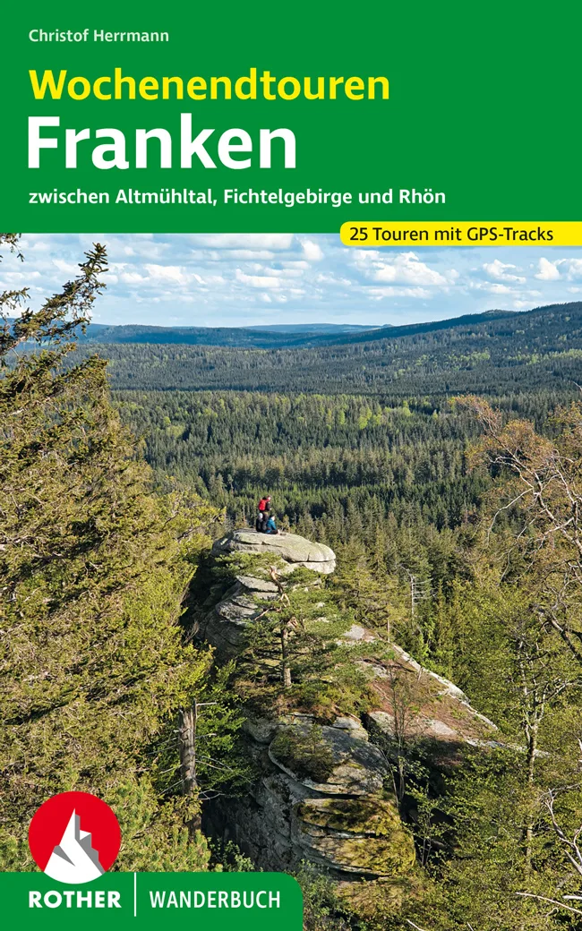 Wanderführer-Cover Wochenendtouren Franken mit Felsen und Wanderer auf grünem Hintergrund