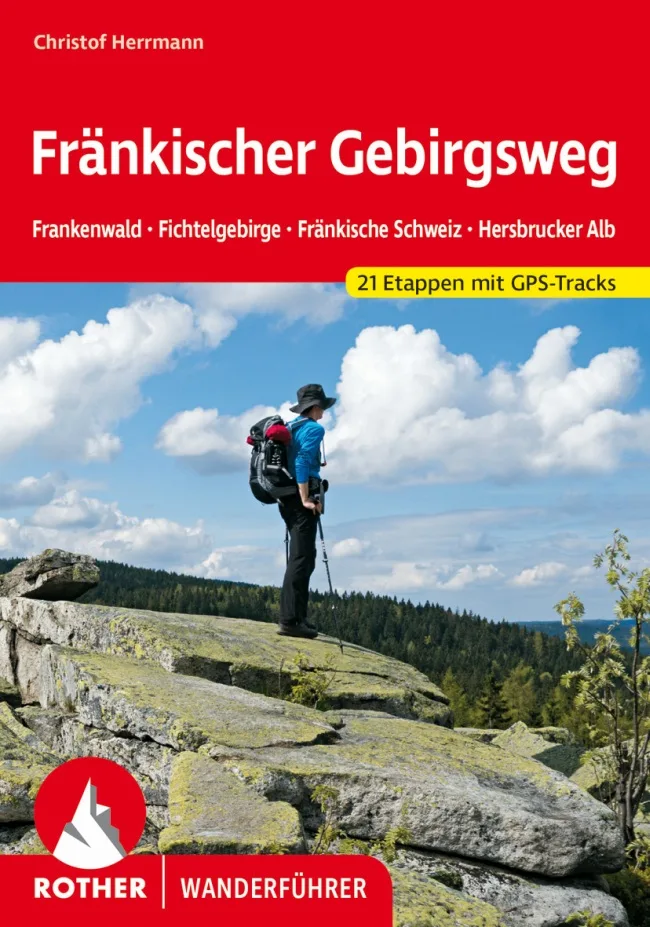 Wanderführer-Cover Fränkischer Gebirgsweg mit Wanderer auf Felsen vor Bergpanorama