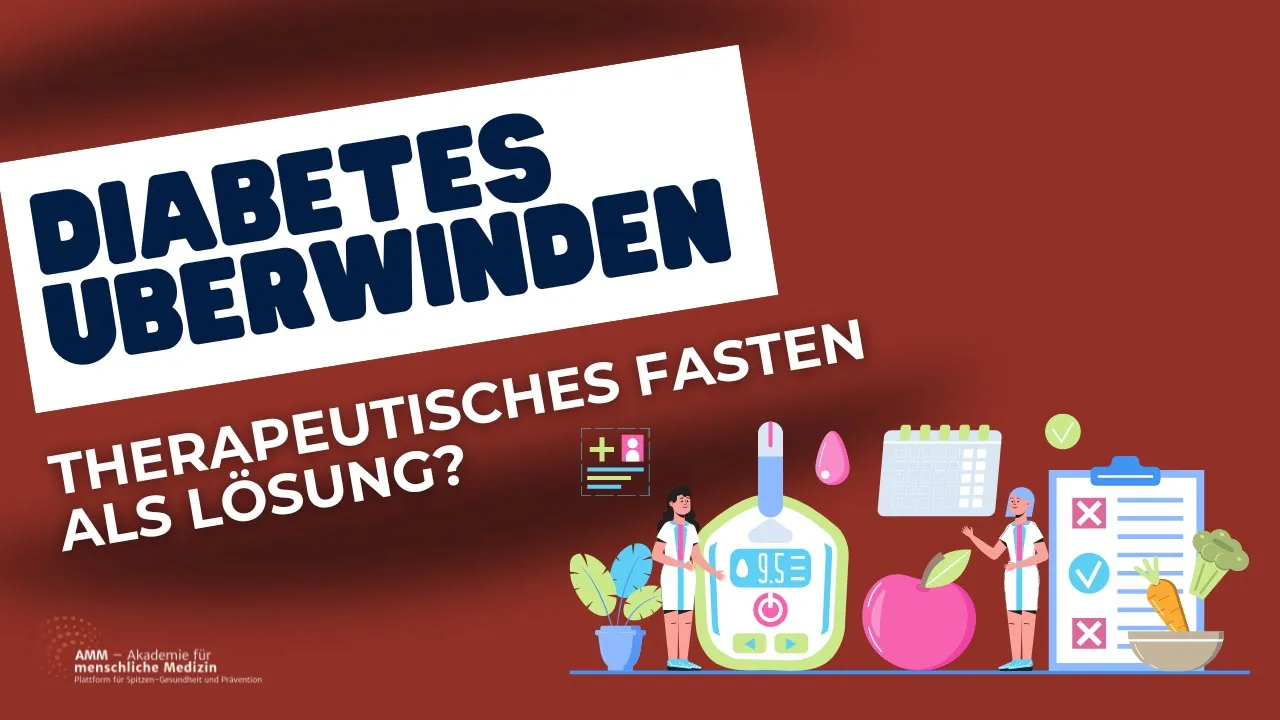 Thumbnail Video Diabetes überwinden Fasten – Rote Hintergrund mit weißem Text und Illustrationen