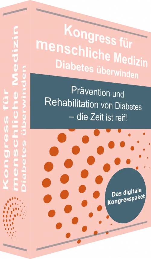 Produktabbildung Digitales Kongresspaket Diabetes überwinden – Box mit Rosa- und Blautönen, orangefarbene Punkte, seitliche B
