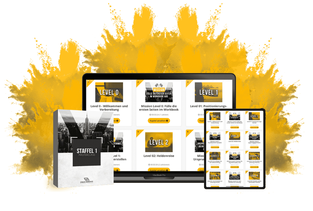 Responsive Design Mockup mit Tablet und Desktop-Ansichten der MasterClass Lernplattform mit gelbem Farbakzent