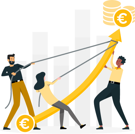 Illustrierte Grafik mit Geschäftsmenschen, die einen steigenden Gewinnpfeil mit Eurosymbolen halten
