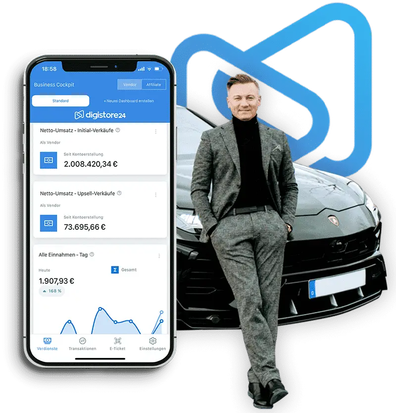 Digitales Marketing Dashboard mit Geschäftsmetriken und Porträt von Dawid Przybylski neben Luxusauto