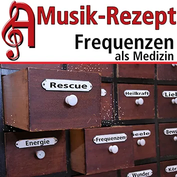 Musik-Rezept Cover: Frequenzen als Medizin mit Vintage-Musik-Equipment und beschrifteten Drehreglern