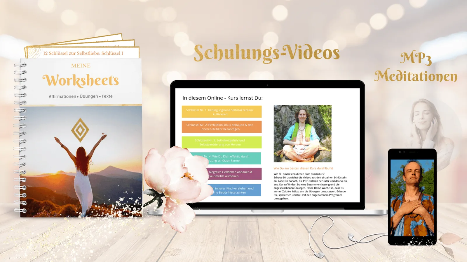 Die 12 Schlüssel zur Selbstliebe – Videokurs für Selbstwert 3 Hero-Image für Schulungs-Videos mit Worksheets, Meditationen und Produktabbildungen auf verschiedenen Geräten