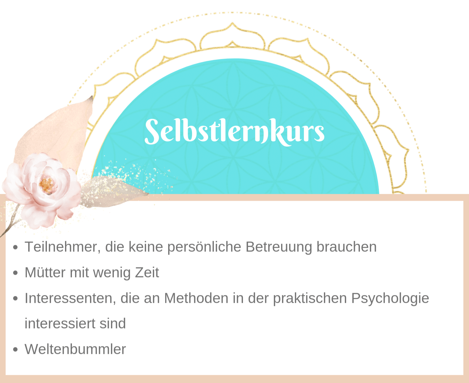 Die 12 Schlüssel zur Selbstliebe – Videokurs für Selbstwert 11 Grafische Darstellung des Selbstlernkurs-Angebots mit türkis-goldenem Design und Zielgruppen-Beschreibung