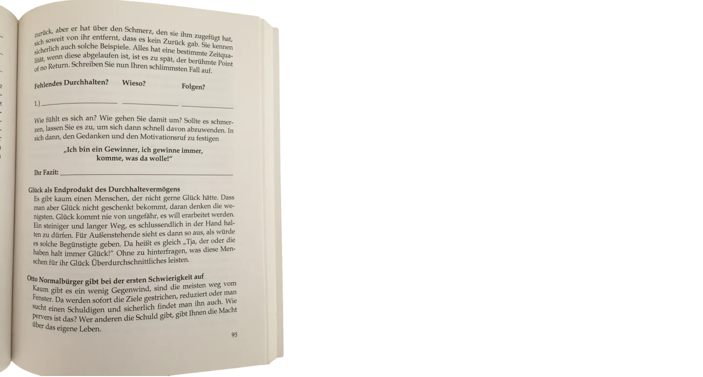 Buchseite 95 mit Textinhalt über Durchhaltevermögen, Glück und Erfolgsverhinderer