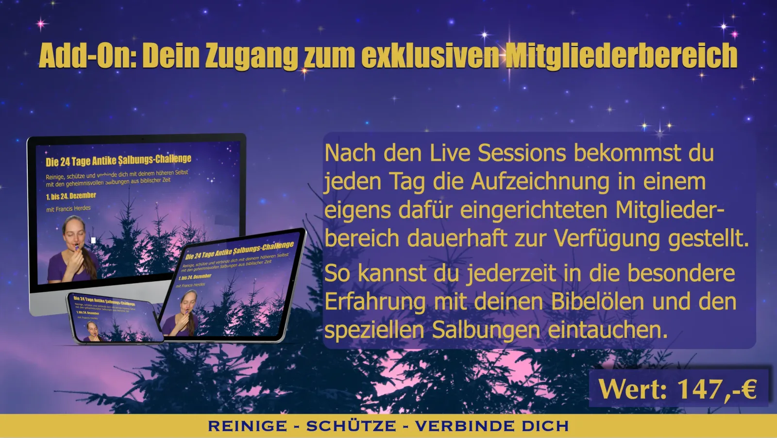 Add-On Mitgliederbereich Teaser mit Laptop-, Tablet- und Smartphone-Mockup, Sternen und Vegetation vor Nacht-Himmel