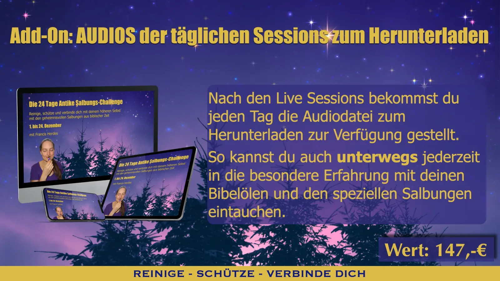 Add-On Audio-Downloads Teaser mit Device-Mockups und Beschreibung gegen Sternenhimmel-Hintergrund
