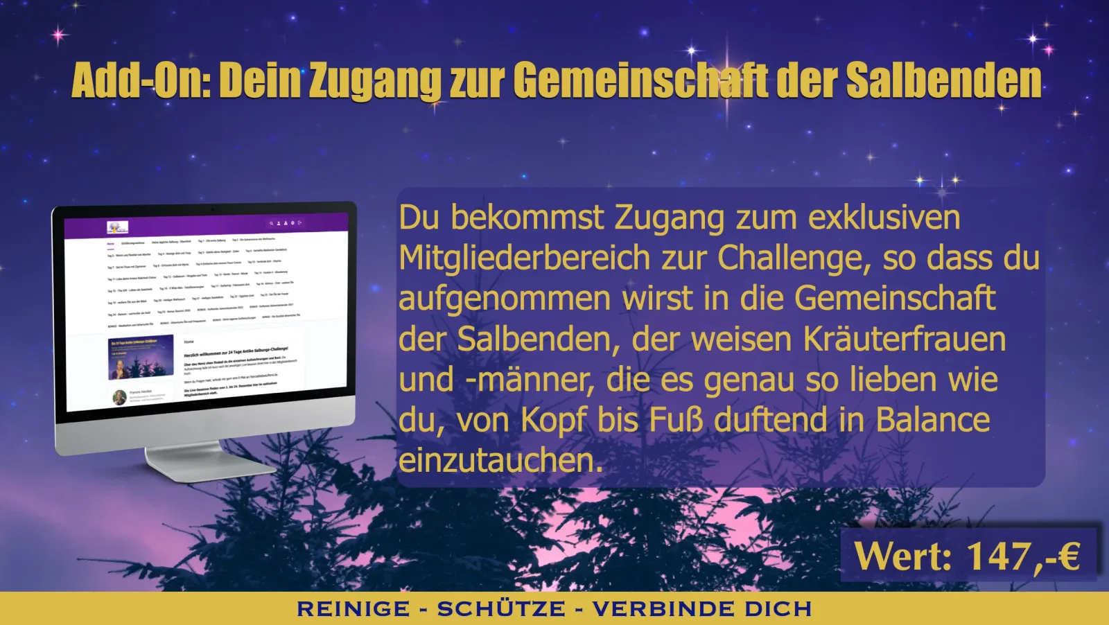 Add-On Salbenden-Gemeinschaft mit Monitor-Mockup und Community-Plattform-Ansicht gegen Sternenhimmel