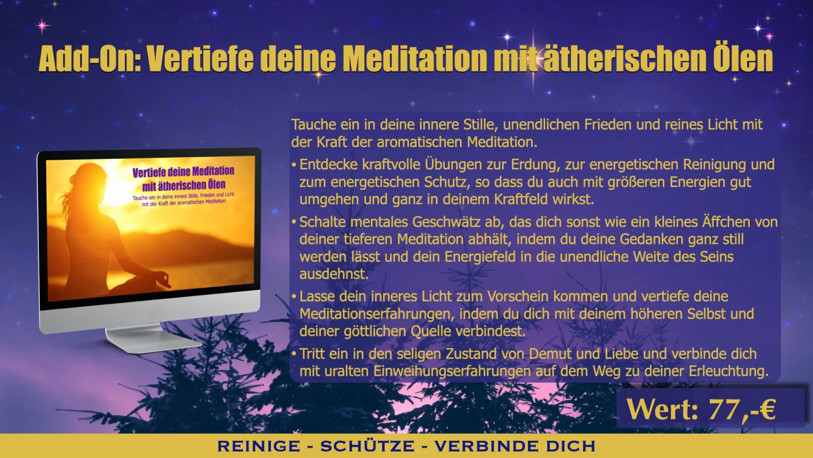 Add-On Ätherische Öle Meditation mit Monitor-Mockup zeigt Mediations-Video vor Sonnenaufgang-Szenerie