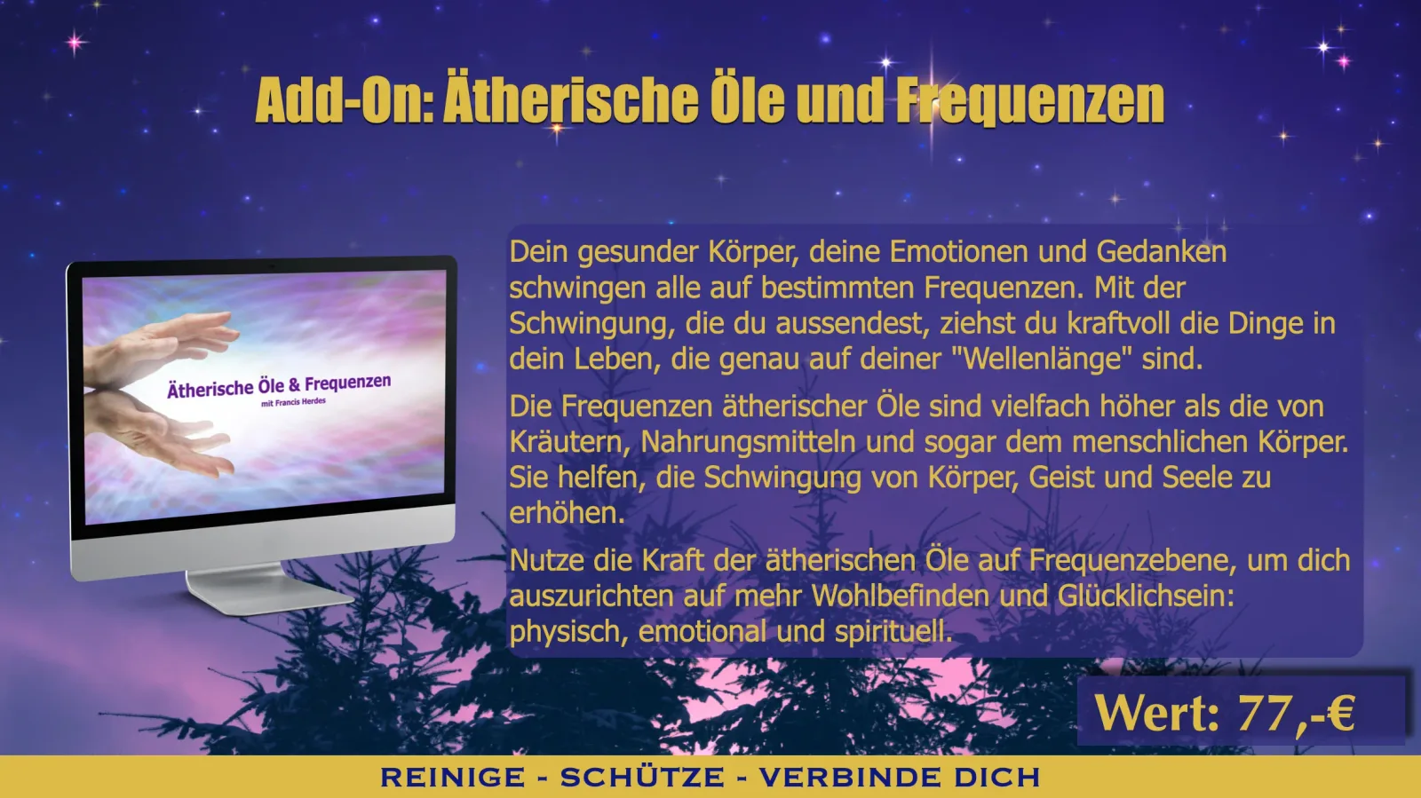 Add-On Ätherische Öle und Frequenzen mit Monitor-Mockup zeigt Hände-Meditationsbild