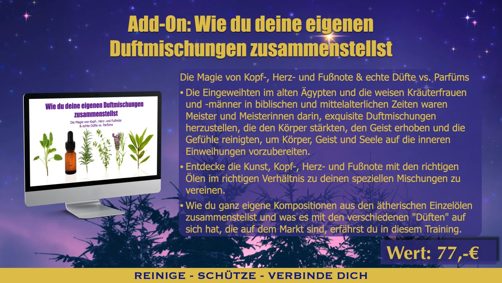 Add-On Duftmischungen selbermachen mit Monitor-Mockup zeigt Kräuter und Ölflacon vor Pflanzen-Hintergrund