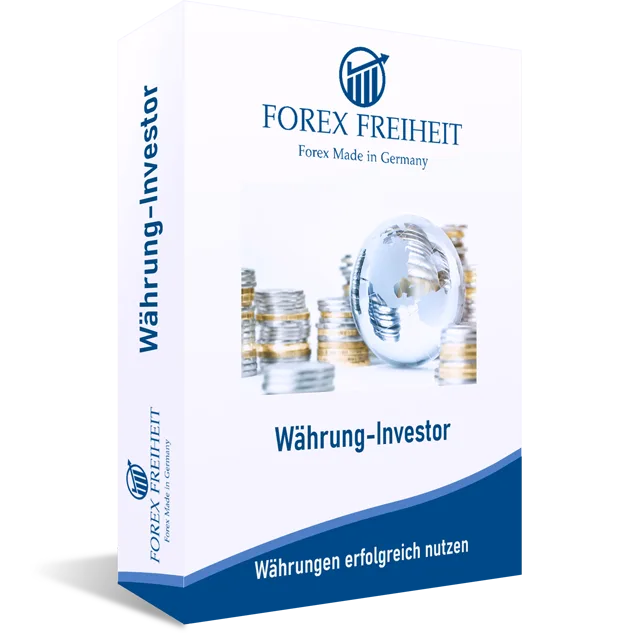 Die 25 geheimen Abzockfallen – E-Book zu Geldanlage-Fallen 1 Produktbox "Währung-Investor" von Forex Freiheit mit Glühbirne und Währungssymbolen, Untertitel "Währungen erfolgreich nutzen