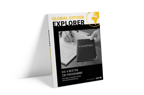 Global Citizen Explorer Buch-Mockup mit Reisepass und CBI Programme Titelseite