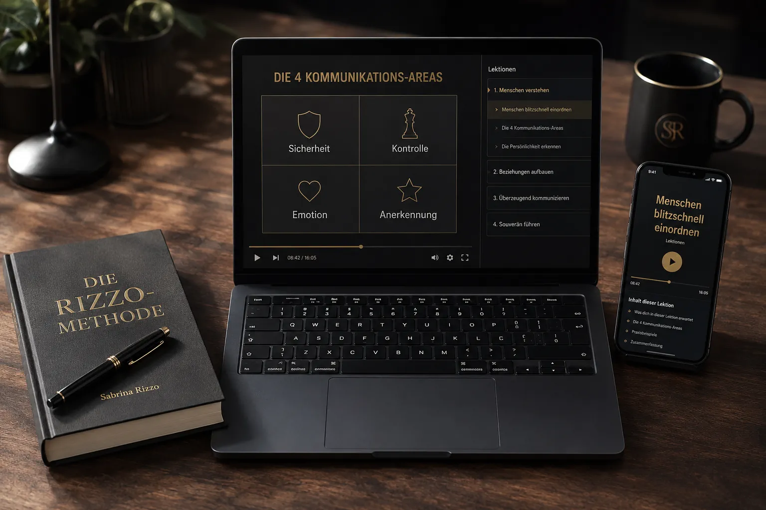 Die 4 Kommunikationsebenen der Rizzo Methode – Kurs Menschen lesen 4 Mockup Laptop zeigt vier Kommunikationsebenen Sicherheit, Kontrolle, Emotion, Anerkennung mit Lektionen und Smartphone-Ansich