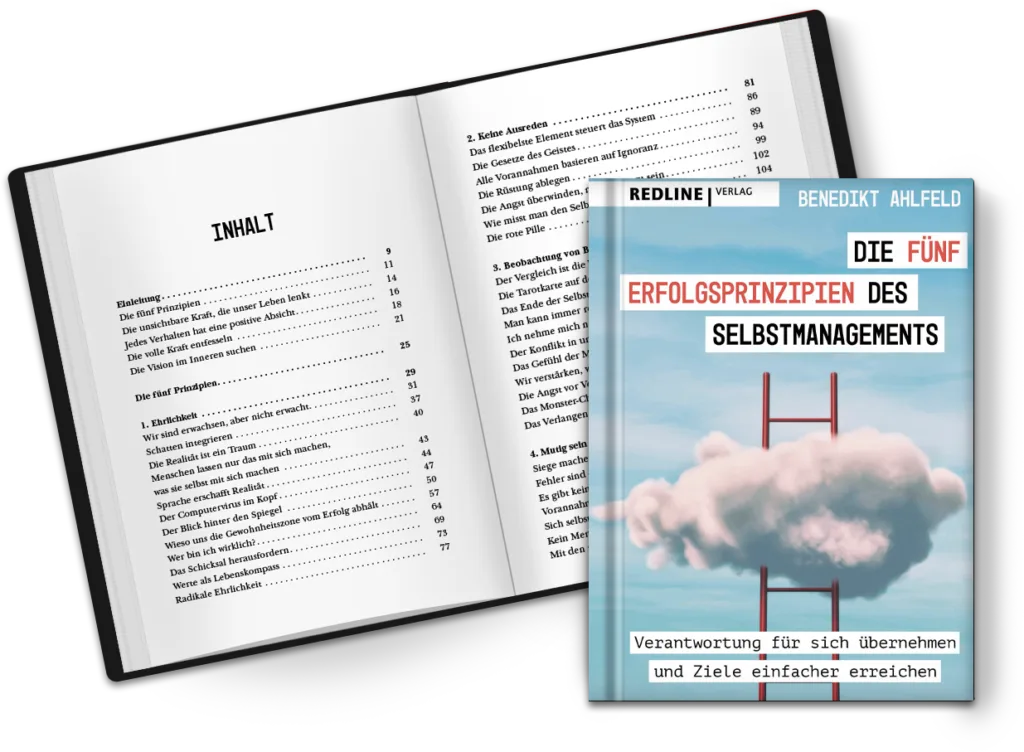 Mockup des Buchs Die 5 Erfolgsprinzipien mit aufgeschlagenem Inhaltsverzeichnis