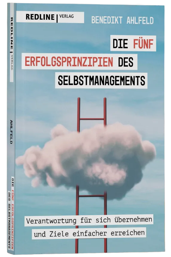 Buchcover Die 5 Erfolgsprinzipien des Selbstmanagements mit Leiter und Wolken