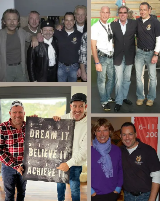 Collage mit fünf Fotos: Gruppe von Männern, drei Personen im Porträt, zwei Personen mit Motivationsschild, Paar bei Event